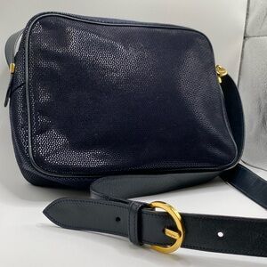 Salvatore Ferragamo Speckled Suede Navy Blue Crossbody Camera Bag Rare Find! EUC